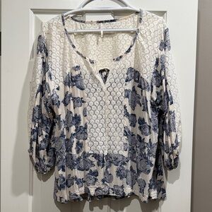 Free People Moon River Flowy Blue and Cream Floral Blouse - Size Small